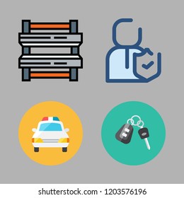 safety icon set. vector set about police car, industrial robot, insurance and car key icons set.