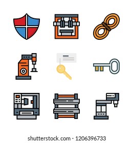 safety icon set. vector set about industrial robot, key, rope and shield icons set.