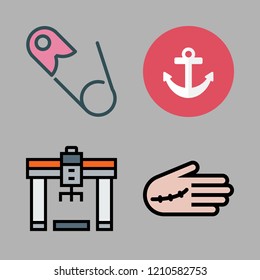 safety icon set. vector set about industrial robot, safety pin, injury and anchor icons set.