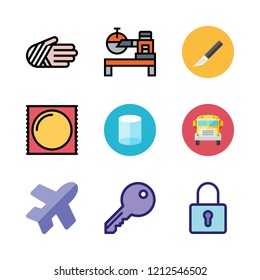 safety icon set. vector set about school bus, cutter, padlock and flight icons set.