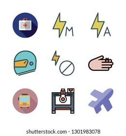 safety icon set. vector set about flight, industrial robot, school bus and injury icons set.