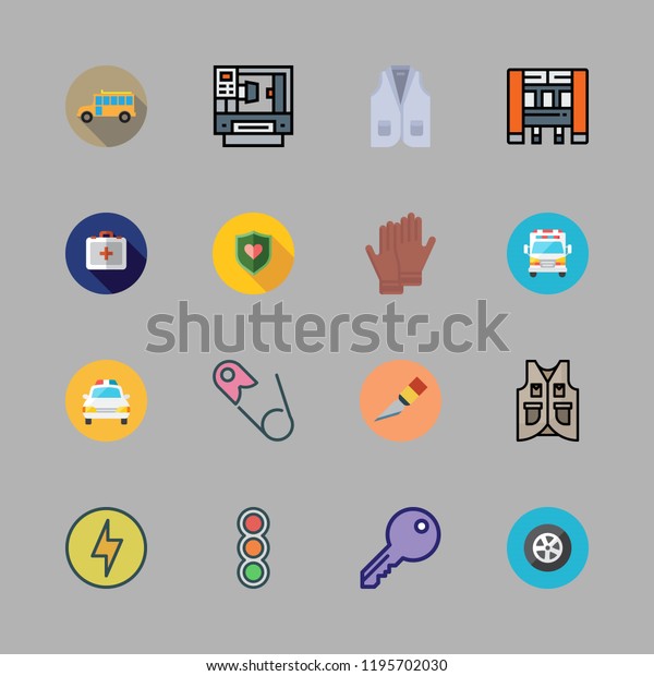 safety icon set. vector set about school bus,\
cutter, safety pin and flash icons\
set.