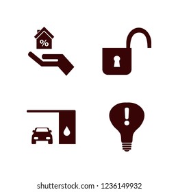 safety icon. safety vector icons set open lock, hand house, attention sign bulb and changing car oil