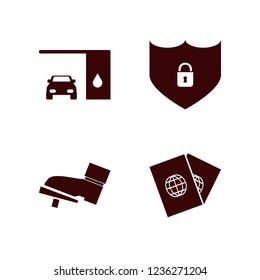 safety icon. safety vector icons set passports, foot on the pedal, changing car oil and shield lock security