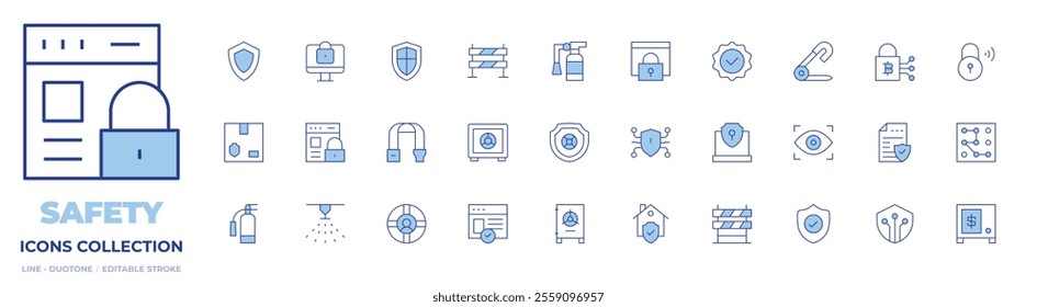 Safety icons collection. Line Duotone style, editable stroke. shield, online security, safety, strong box, extinguisher, home, lifeguard, website, sprinkler, safety belt, safety box.