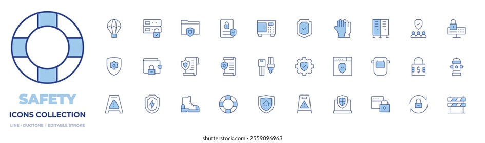 Safety icons collection. Line Duotone style, editable stroke. contract, wet floor, protection, safety belt, browser, setting, shield, boot, principle, rubber ring, wallet.