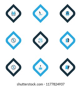Safety icons colored set with non potable water, electrocution hazard, welding mask and other bomb elements. Isolated vector illustration safety icons.
