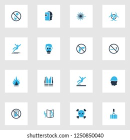 Safety icons colored set with non potable water, safety vest, respirator and other slippery elements. Isolated vector illustration safety icons.