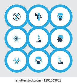 Safety icons colored set with step down, respirator, non potable water and other stepladder elements. Isolated vector illustration safety icons.
