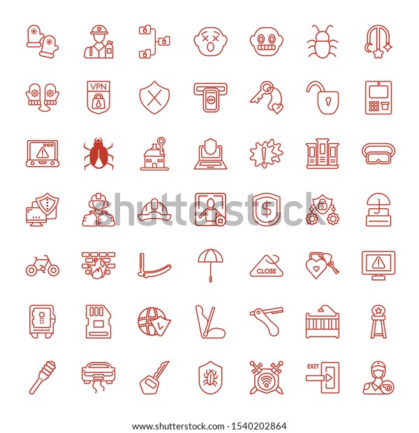 safety icons. Editable\
49 safety icons. Included icons such as Policeman, Exit, Antivirus,\
Key, Slippery, Razor, Baby chair, Crib, Baby car seat. safety\
trendy icons for web.