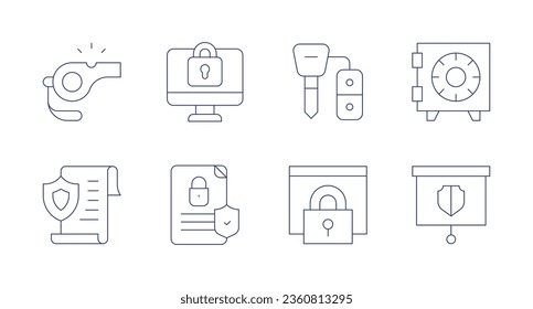 Sicherheitssymbole. bearbeitbarer Strich. Enthält Computer, Vertrag, Datei, Schlüssel, Padlock, Sicherheitsbox, Sicherheit, Pfeife.