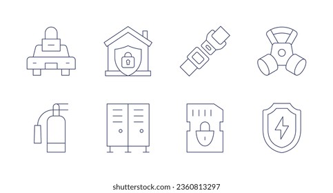 Sicherheitssymbole. bearbeitbarer Strich. Mit Auto, Feuerlöscher, Haus, Schließfach, Sicherheitsgurt, Sicherheitsmaske, SD-Karte, Schild.