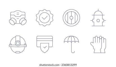 Safety icons. editable stroke. Containing fire hydrant, gas mask, gloves, helmet, quality, safety, shield, umbrella.