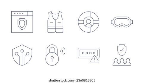 Safety icons. editable stroke. Containing browser, digital security, high visibility vest, lifeguard, lock, password, safety goggles, shield.