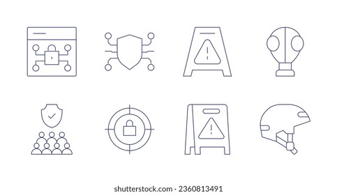 Iconos de seguridad. trazo editable. Con mascarilla de gas, casco, protección, seguridad, escudo, objetivo, suelo húmedo.