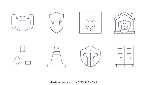 Safety icons. editable stroke. Containing protective mask, safety, shield, traffic cone, browser, digital security, house, lockers.