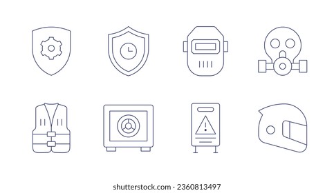 Sicherheitssymbole. bearbeitbarer Strich. Mit Gasmaske, Helm, Schutz, Sicherheit, Schutzschild, Starke, Schweißmaske, nassem Fußboden.