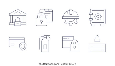 Iconos de seguridad. trazo editable. Con banco, confidencialidad, tarjeta de crédito, extinguidor de incendios, día de trabajo, candado, caja de seguridad, servidor.