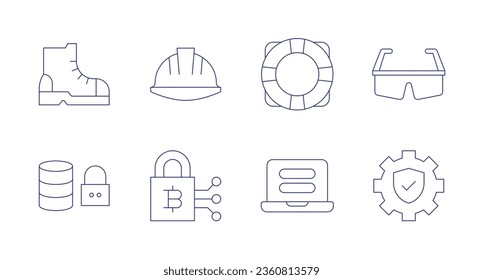 Iconos de seguridad. trazo editable. Contiene arranque, base de datos, casco, salvavidas, bloqueo, contraseña, gafas de seguridad, configuración.