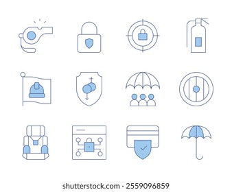 Safety icons. Line Duotone style, editable stroke. whistle, target, lock, flag, fire extinguisher, risk management, safety, shield.