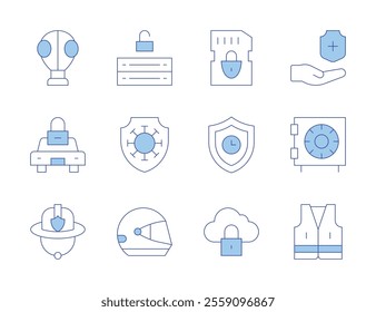 Safety icons. Line Duotone style, editable stroke. gas mask, sd card, shield, car, health insurance, safe, server, safety box.