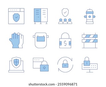 Safety icons. Line Duotone style, editable stroke. hydrant, lockers, welding mask, shield, browser, barricade, padlock, gloves.