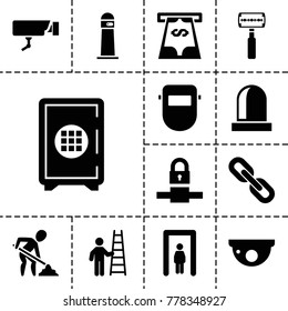 Safety icons. set of 13 editable filled safety icons such as metal gate detector, welder mask, lock, siren, man with ladder, chain, lighthouse, razor, safe, security camera