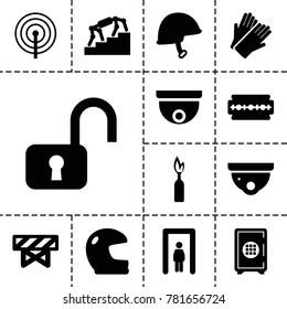 Safety icons. set of 13 editable filled safety icons such as metal gate detector, barrier, security camera, gloves, helmet, open lock, stairs, lock, dynamite, razor