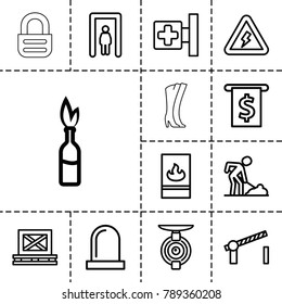 Safety icons. set of 13 editable outline safety icons such as metal gate detector, digging man, money in atm, medical cross, cargo on palette, fire protection, road barrier
