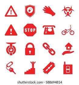 safety icons set. Set of 16 safety filled icons such as lock, razor, gloves, ATM money withdraw, key, warning, health insurance, house insurance, intercom, stop, bicycle