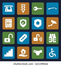 Safety icons set. set of 16 safety filled icons such as children panties, razor, Safe, ATM money withdraw, Security camera, home care, disabled, traffic light