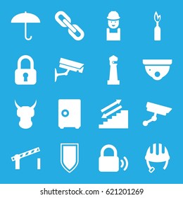 Safety icons set. set of 16 safety filled icons such as lighthouse, helmet, security camera, worker, road barrier, lock, chain, shield, dynamite, safe, umbrella