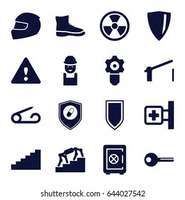 Safety icons set. set of 16 safety filled icons such as pin, safe, worker, medical cross, health insurance, key, barrier, warning, helmet, shield, stairs, gear keyhole