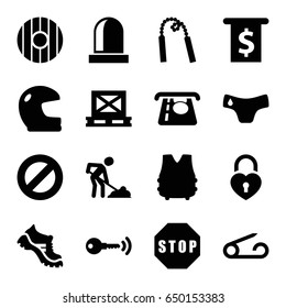 Safety icons set. set of 16 safety filled icons such as pin, children panties, atm money withdraw, boot, digging man, cargo on palette, heart lock, siren, stop, key, shield