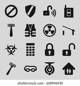 Safety icons set. set of 16 safety filled icons such as barrier, razor, prohibited, family home, opened security lock, intercom, life vest, spy camera, hazzard, radiation