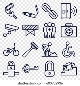 Safety icons set. set of 16 safety outline icons such as barrier, razor, key, cigarette, digging man, disabled, medical group, intercom, security camera, chain, bicycle, lock