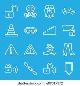 Safety icons set. set of 16 safety outline icons such as bike, home care, woman boots, cone, warning, chain, medical group, security lock, opened security lock, shield