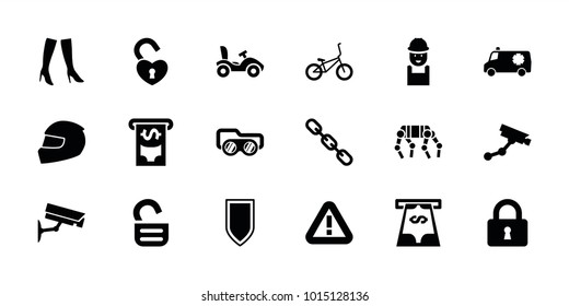 Safety icons. set of 18 editable filled safety icons: security camera, woman boots, worker, lock, helmet, bicycle, security camera, shield, bike, atm money withdraw