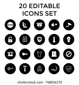 Safety icons. set of 20 editable filled and outline safety icons such as lighthouse, opened lock, razor, atm money withdraw, security camera, keyhole, prohibited