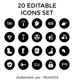 Safety icons. set of 20 editable filled safety icons such as gloves, boot, welding glasses, swimming glasses, radiation, lock. best quality safety elements in trendy style.