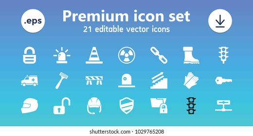 Safety icons. set of 21 editable filled safety icons includes razor, gloves, cone, barrier, open lock, stairs, traffic light, chain, ambulance, folder protection, camera, key