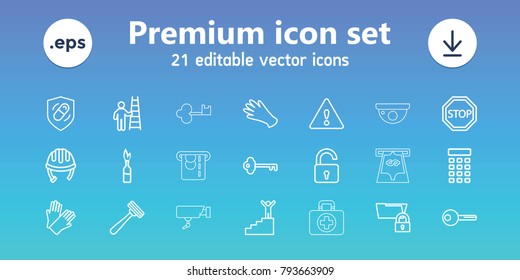 Safety icons. set of 21 editable outline safety icons includes opened lock, helmet, razor, gloves, health insurance, folder protection, key, intercom, stop, warning