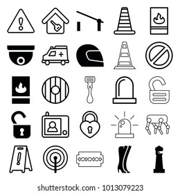 Safety icons. set of 25 editable filled and outline safety icons such as barrier, lighthouse, lock, fire protection, cone barrier, wet floor, heart lock, prohibited, ambulance