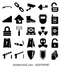 Safety icons. set of 25 editable filled safety icons such as opened lock, razor, cigarette, wet floor, lock, welder mask, boot, cargo on palette, chain, shield, home key