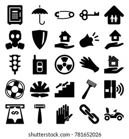 Safety icons. set of 25 editable filled safety icons such as razor, gloves, home care, key, radiation, safe, traffic light, shield, family home, house insurance, intercom