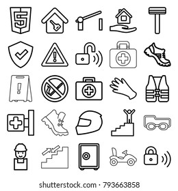 Safety icons. set of 25 editable outline safety icons such as razor, gloves, home care, boot, worker, shield, safe, first aid, medical cross, warning, home key, barrier