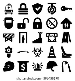 safety icons set. Set of 25 safety filled icons such as metal gate detector, cone barrier, barrier, lock, baby seat in car, razor, siren, ATM money withdraw, wet floor