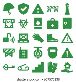 Safety icons set. set of 25 safety filled icons such as barrier, lighthouse, pin, glove, gloves, atm money withdraw, home care, welder mask, cargo on palette, warning, helmet