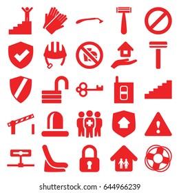 Safety icons set. set of 25 safety filled icons such as helmet, baby seat in car, razor, gloves, opened lock, siren, prohibited, medical group, family home, house insurance