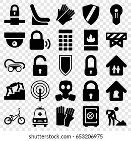 Safety icons set. set of 25 safety filled icons such as barrier, lock, opened lock, baby seat in car, glove, safe, gloves, welding glasses, digging man, ambulance, lock home